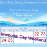 Memorial Day Weekend calendar, sunset, water, beautiful blue sky.