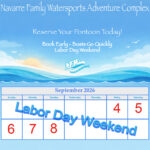 Labor Day Weekend calendar, sunset, water, beautiful blue sky.