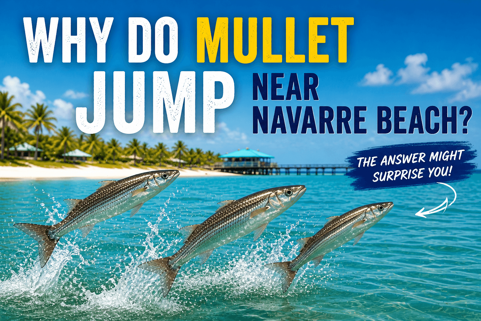 Several mullet fish leap out of clear turquoise water near a sunny beach in Navarre Beach Florida