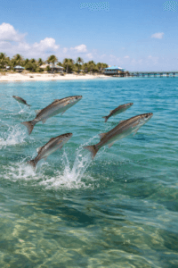 Mullet fish jumping in Santa Rosa Sound near Navarre Beach Florida. This image is used in a why do mullet jump article