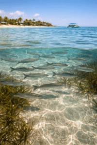 School of mullet swimming in clear water near Navarre Beach Florida.